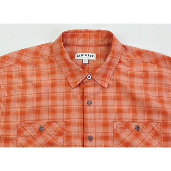 Orvis Size XL Mens Orange Tan Check Short Sleeve Embroidered Pocket Logo Shirt - Picture 1 of 13